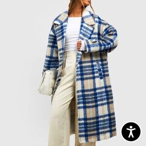 Boohoo Oversized Check Wool Look Coat Blue & White Sherpa Size 2